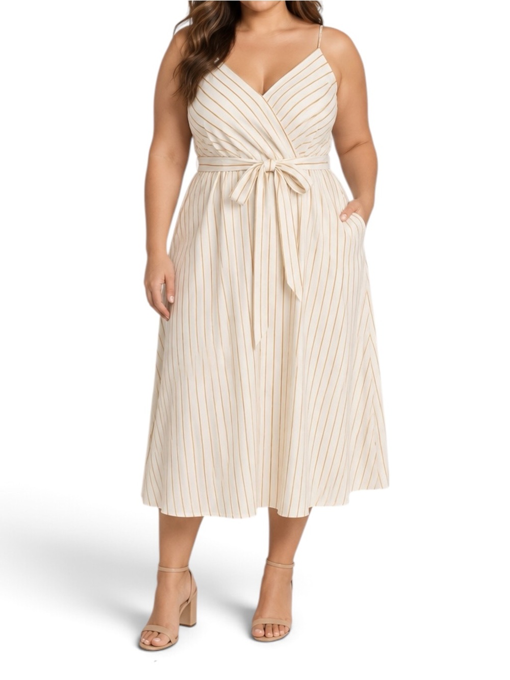 City Chic Elegant Stripe Dress XS 14W Golden Stripe Midi NWT
